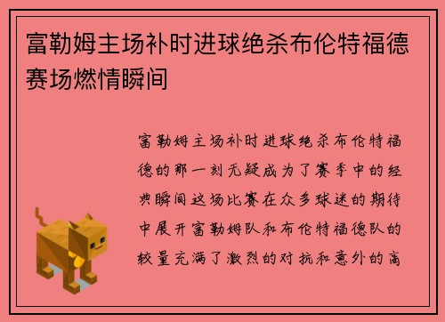 富勒姆主场补时进球绝杀布伦特福德赛场燃情瞬间